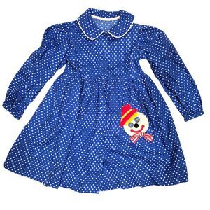Becki Vintage Blue Polka Dot Dress with Clown Patch Size 2T